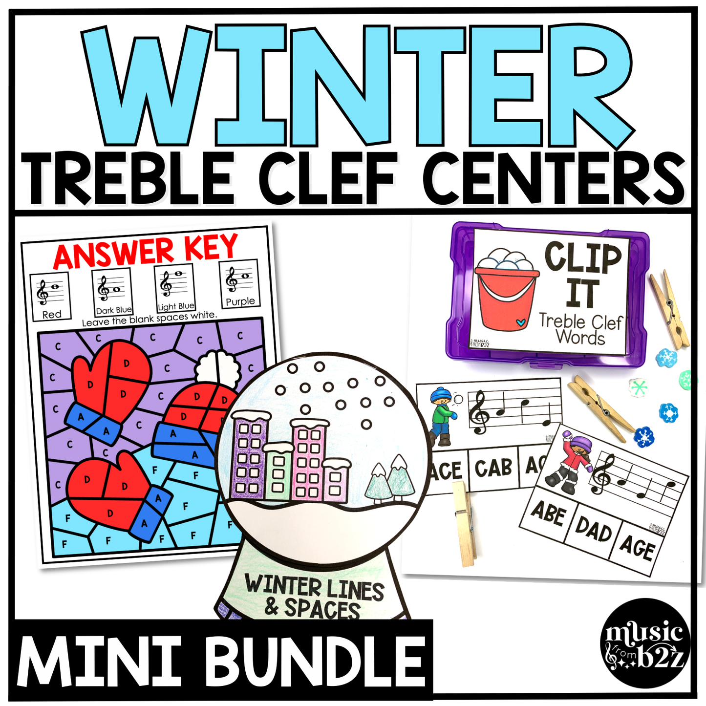 Winter Music Centers BUNDLE Winter Treble Clef Worksheets Music Games Sub Plans