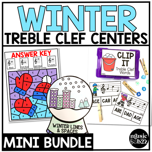 Winter Music Centers BUNDLE Winter Treble Clef Worksheets Music Games Sub Plans