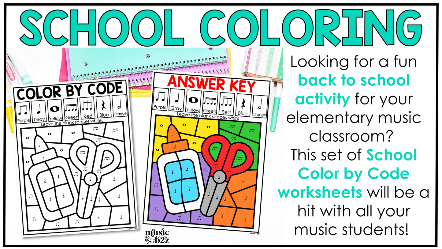 Back to School Music Coloring Page BUNDLE Color by Note Music Worksheets