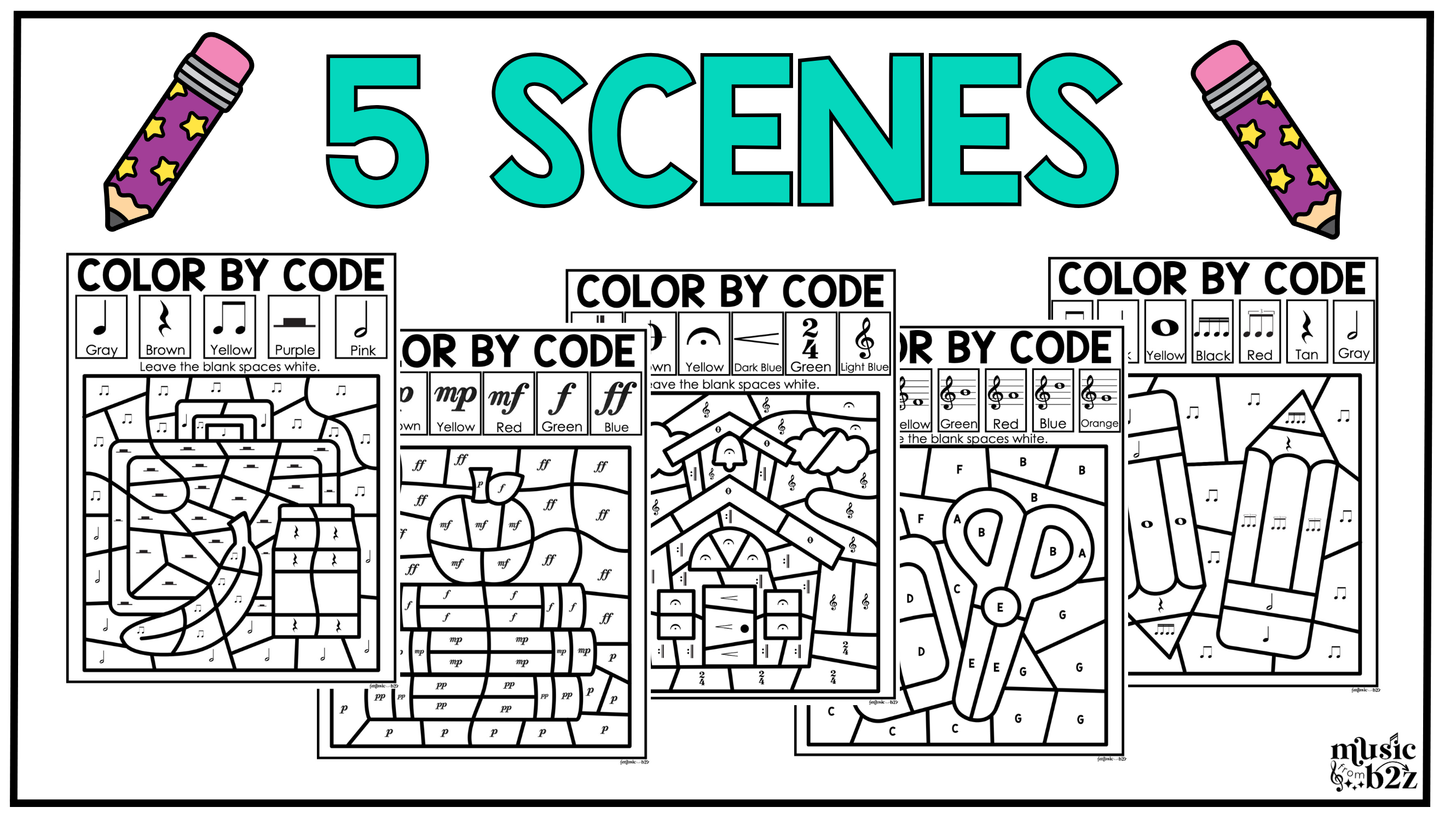 Back to School Music Coloring Page BUNDLE Color by Note Music Worksheets