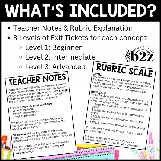 Eighth & Sixteenth Notes Exit Tickets Rubrics Editable Music Rhythm Assessment