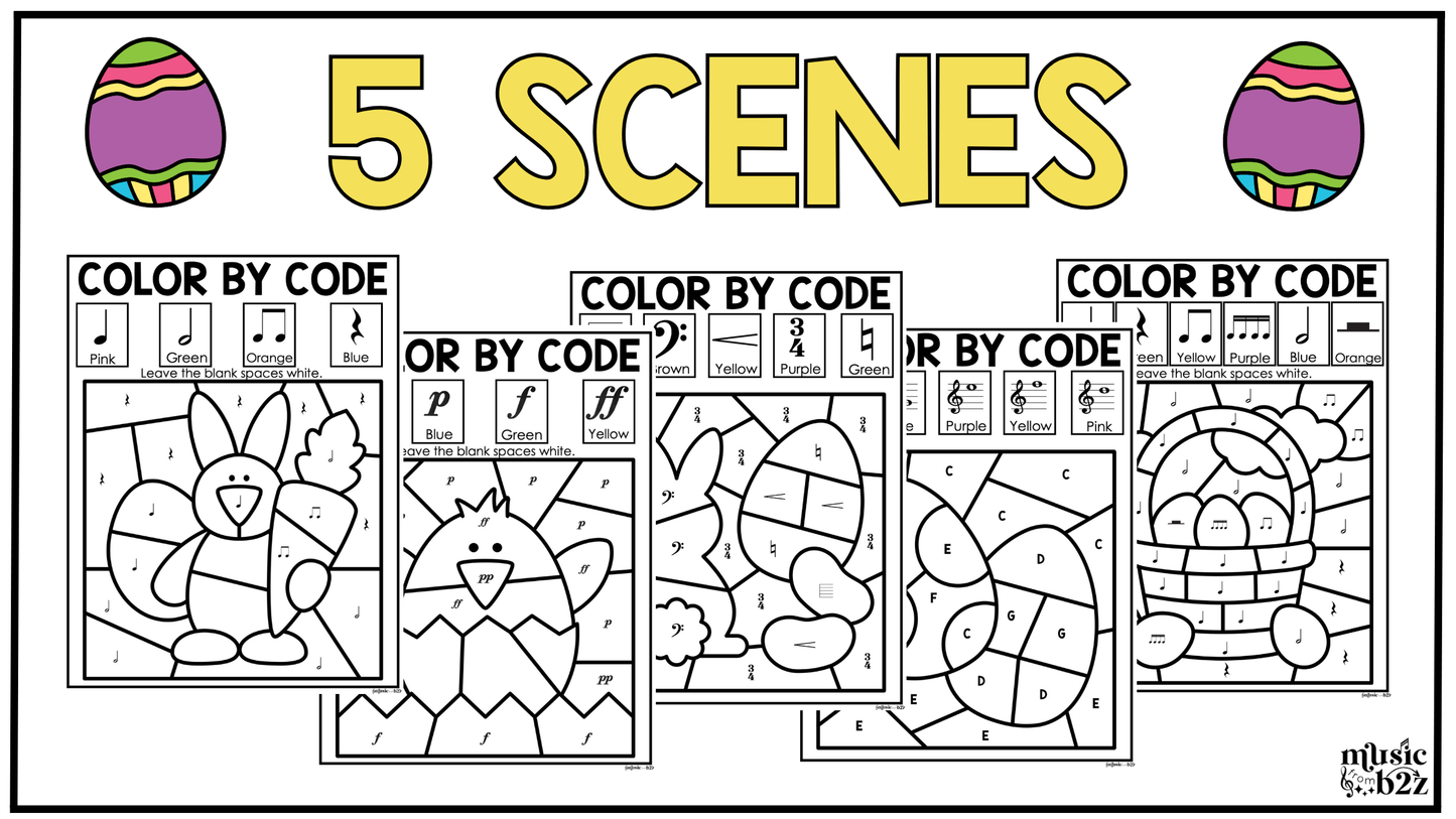 Easter Music Coloring Page BUNDLE Color by Note Spring Music Worksheets