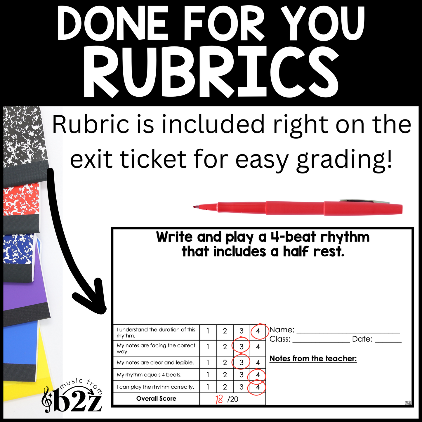Half Rest Exit Tickets & Rubrics Editable Elementary Music Rhythm Assessment