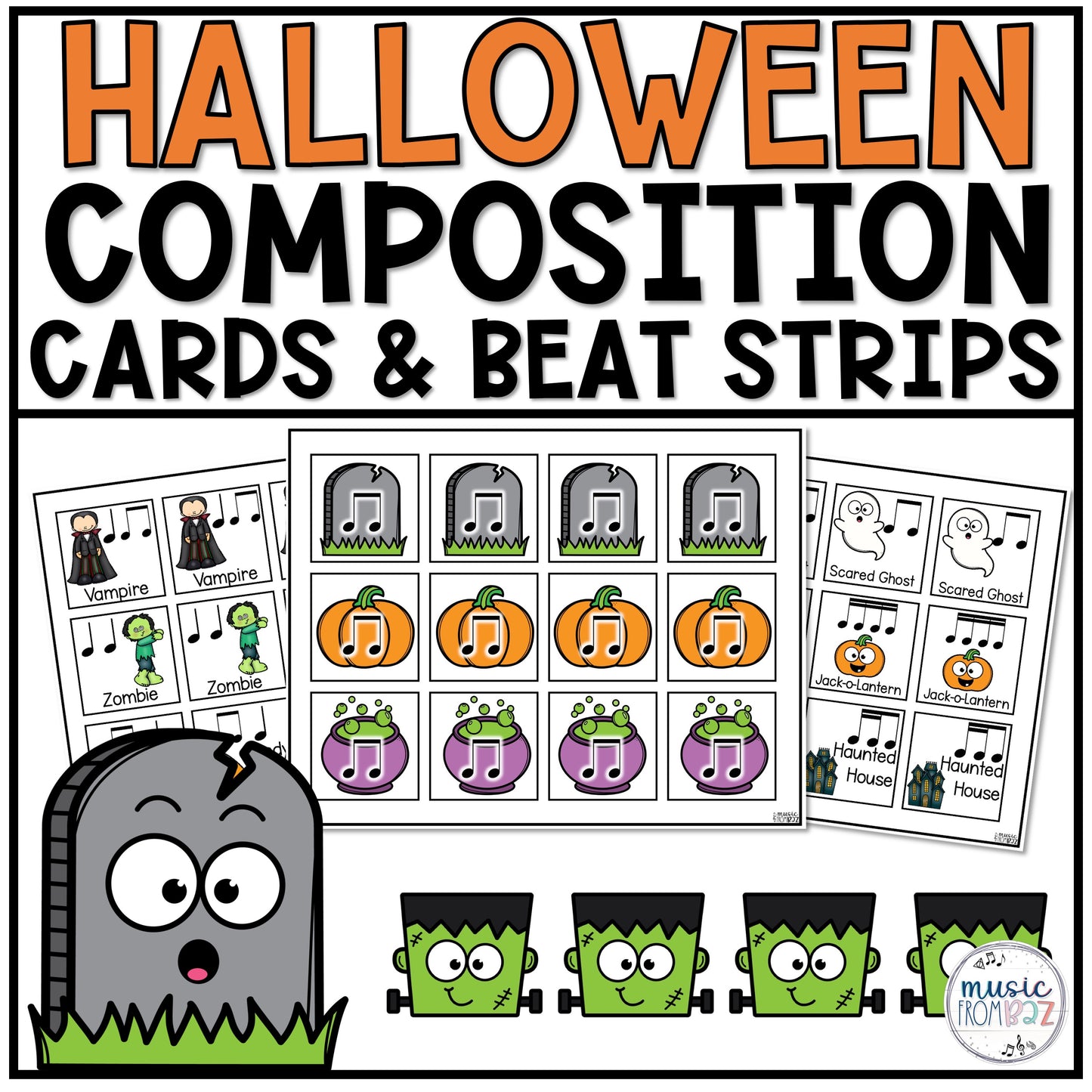 Halloween Music Rhythm Cards & Beat Strips Activities Composition Centers Games
