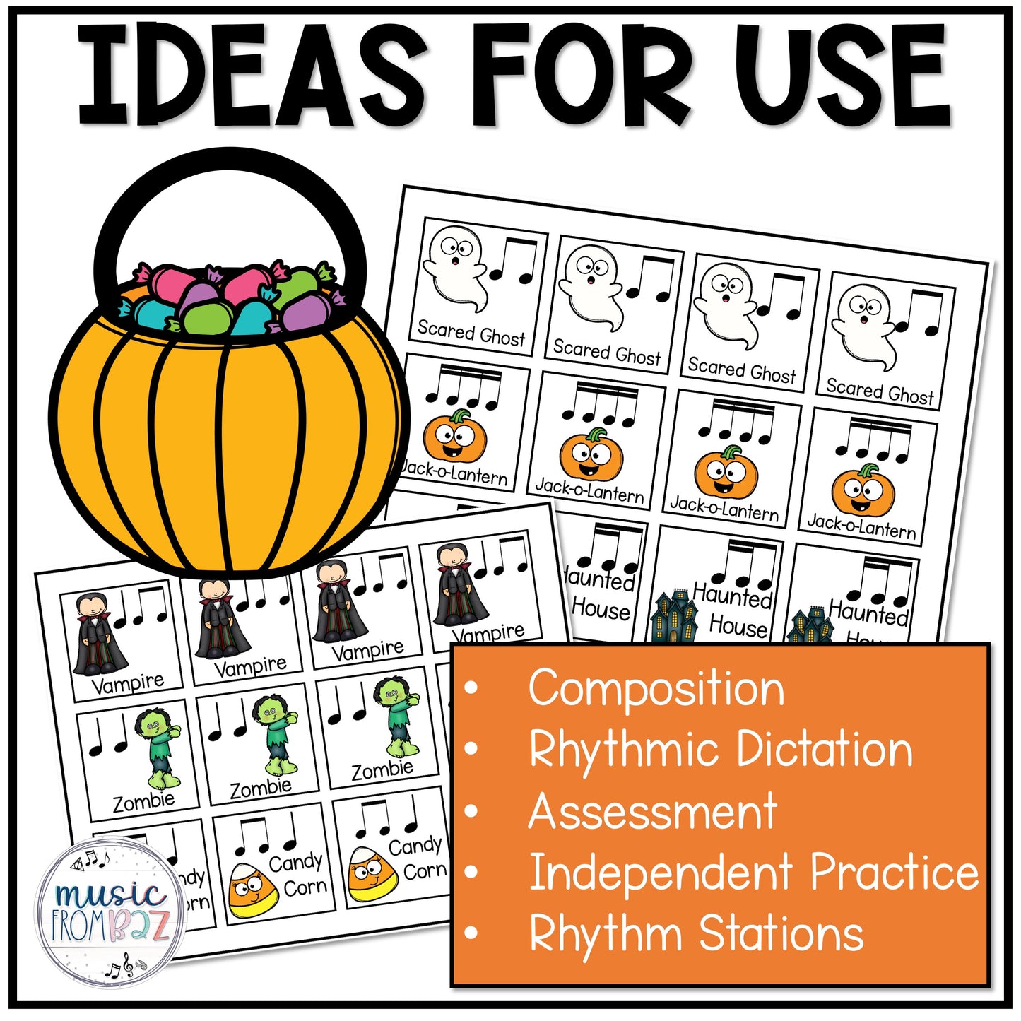 Halloween Music Rhythm Cards & Beat Strips Activities Composition Centers Games