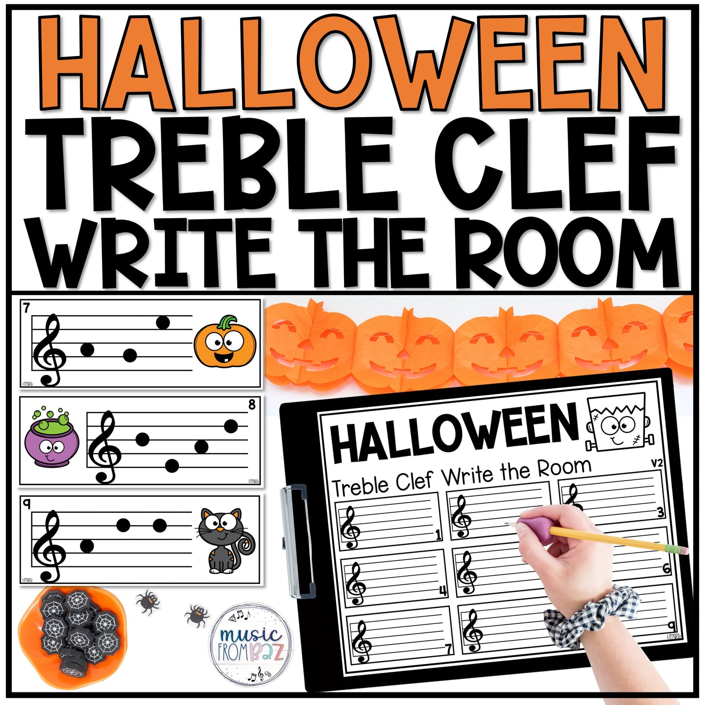 Halloween Treble Clef Notes Music Write the Room Game & Scavenger Hunt