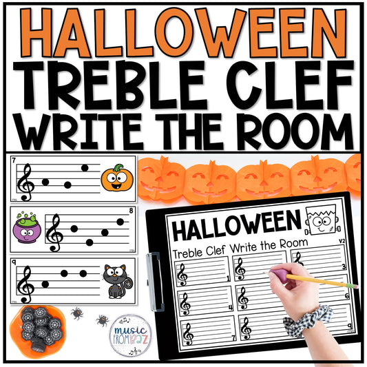 Halloween Treble Clef Notes Music Write the Room Game & Scavenger Hunt