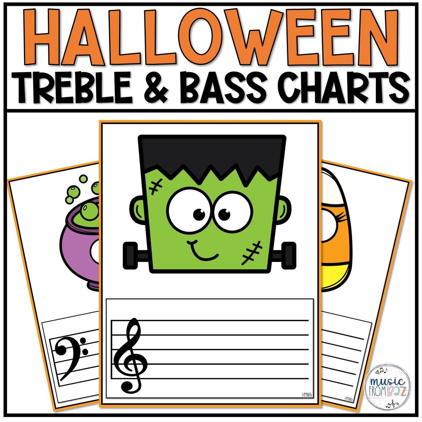 Halloween Treble Clef & Bass Clef Charts Lines & Spaces Worksheet Elementary Music Centers