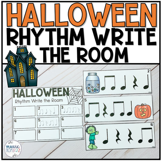 Halloween Rhythm Write the Room Elementary Music Game & Scavenger Hunt