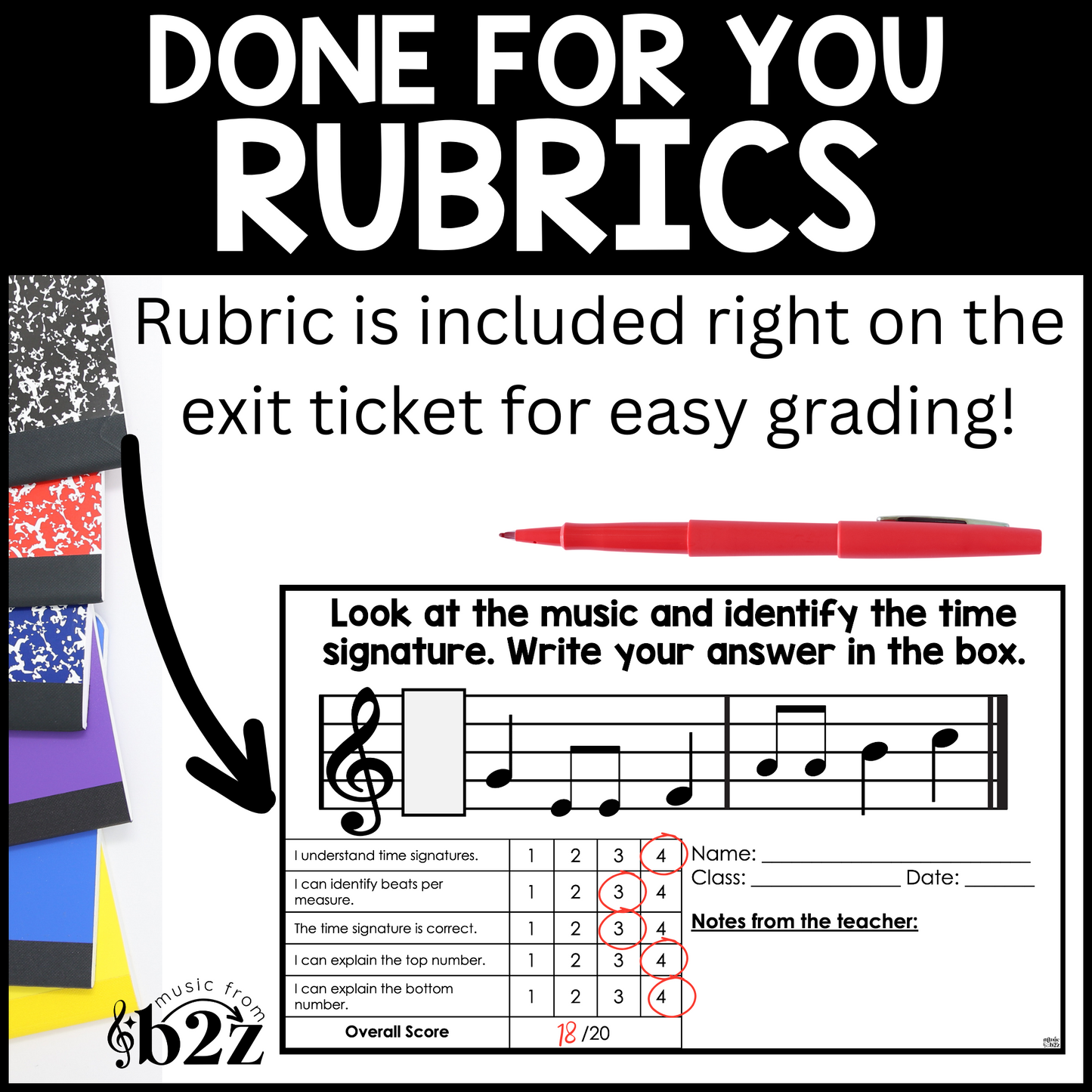 Meter Time Signature Exit Tickets & Rubrics Editable Elementary Music Assessment