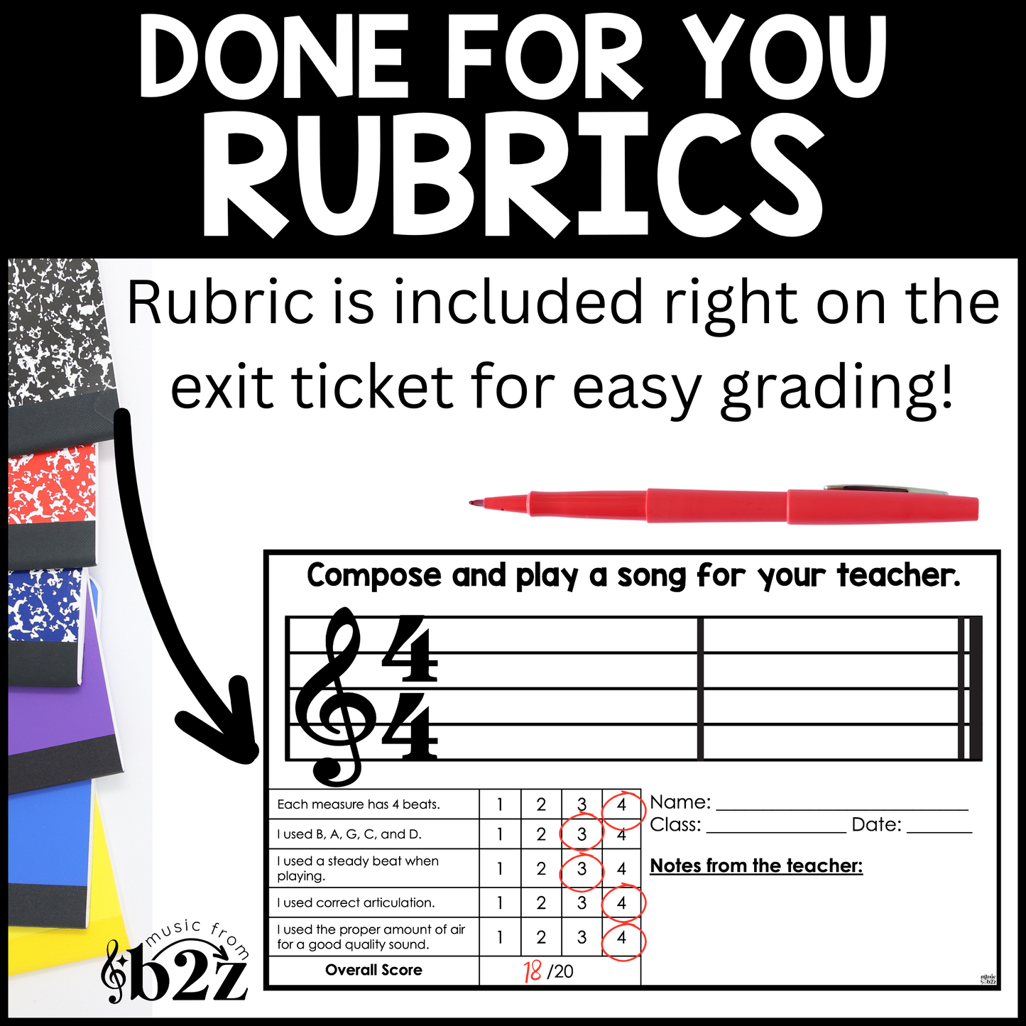 Recorder BAGCD Exit Tickets & Rubrics Editable Elementary Music Assessment