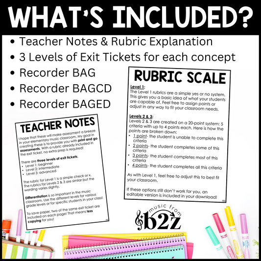 Recorder Exit Tickets BUNDLE Rubrics Editable Elementary Music Assessment
