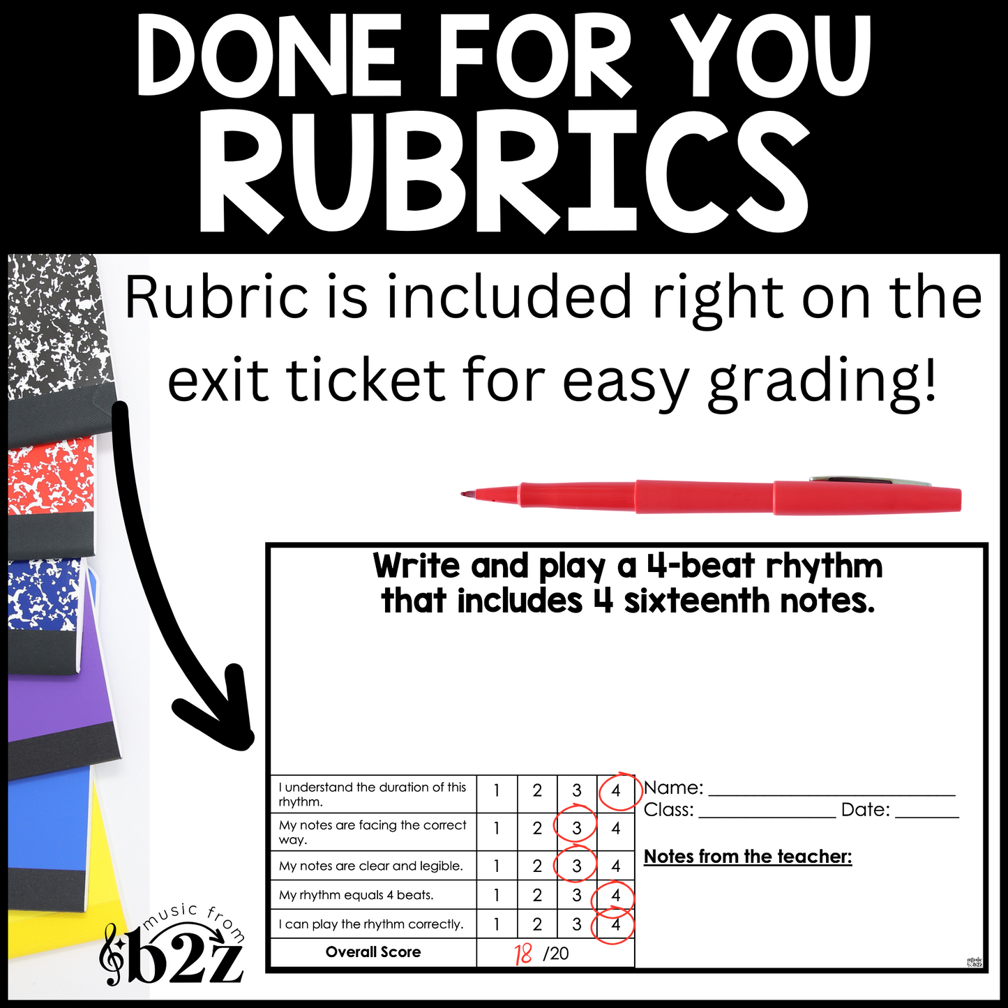 Sixteenth Notes Exit Tickets Rubrics Editable Elementary Music Rhythm Assessment