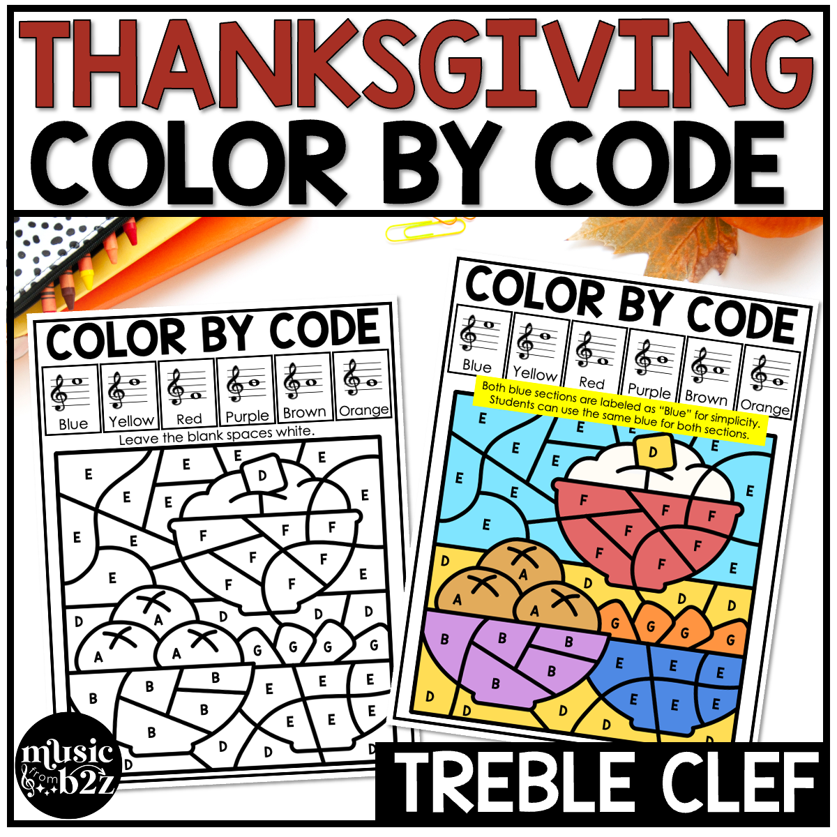 Thanksgiving Music Coloring Color by Note Turkey Music Worksheets Treble Clef