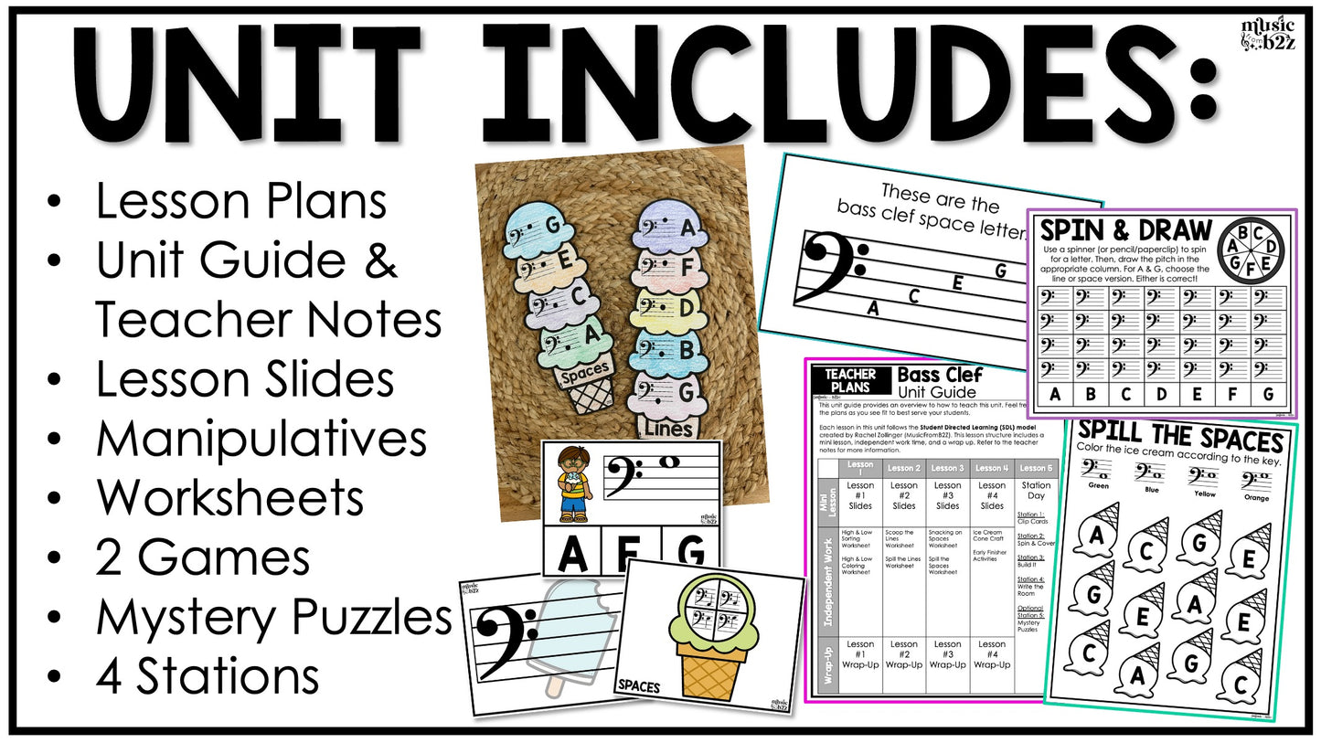Bass Clef Unit Elementary Music Curriculum Lesson Activity Worksheets Games