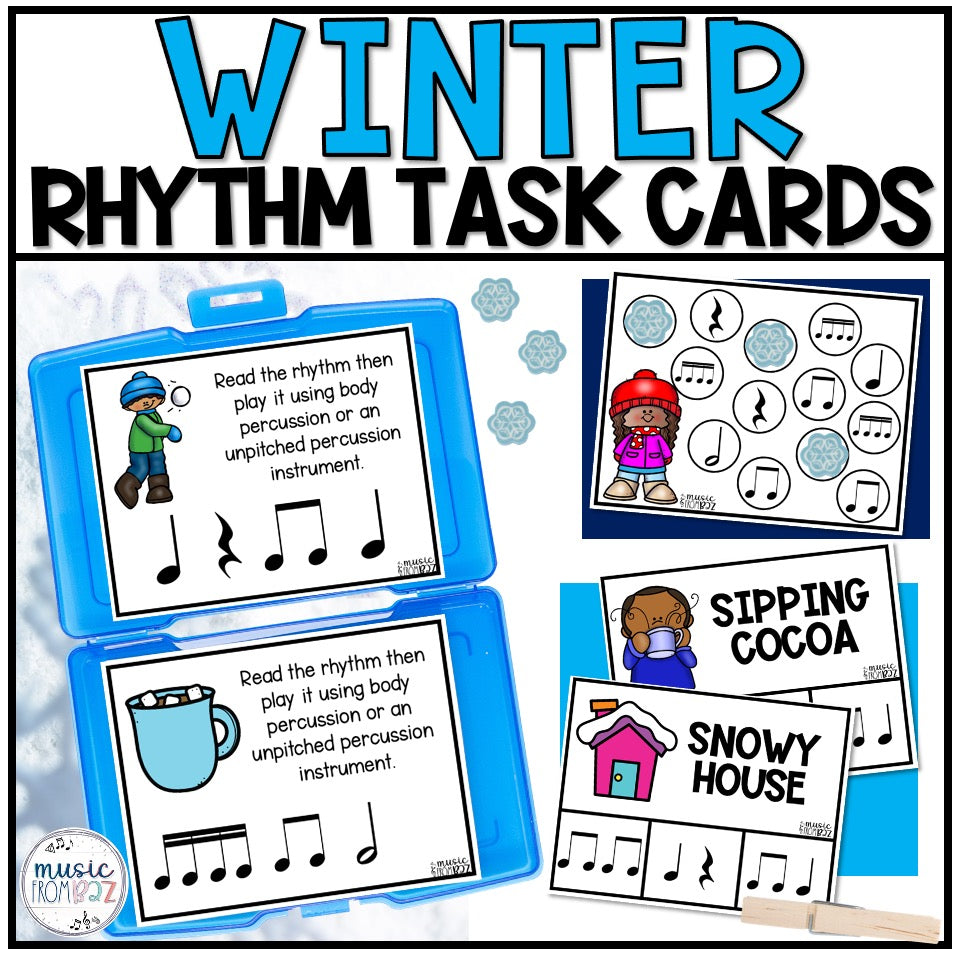 Winter Music Task Cards - Music Rhythm Worksheet - January Music Lesson