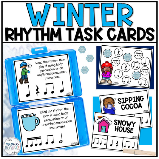 Winter Music Task Cards - Music Rhythm Worksheet - January Music Lesson