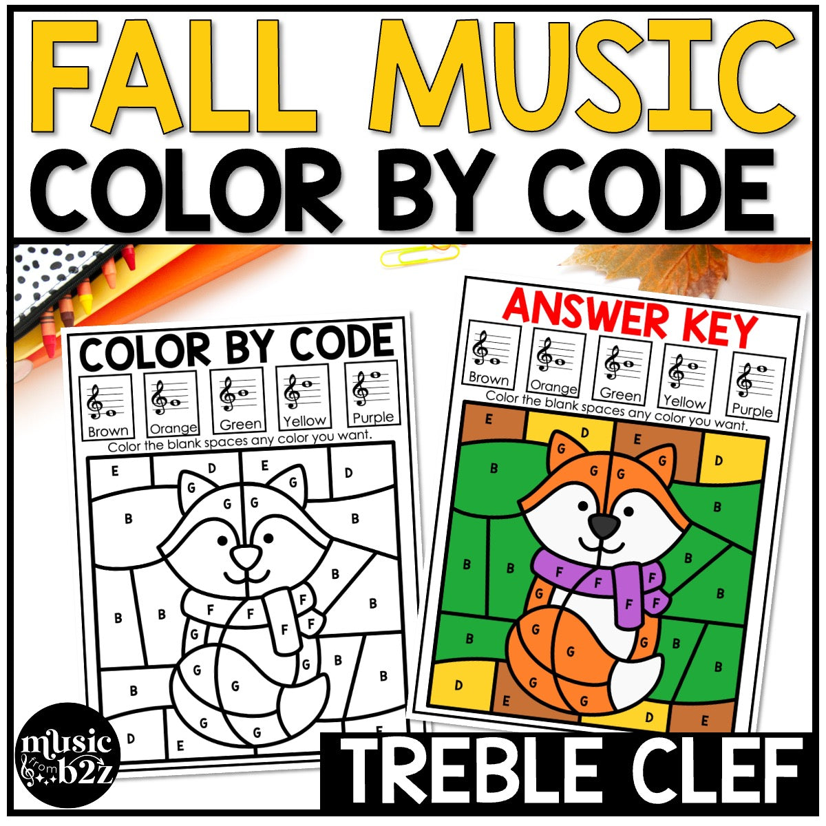 Fall Music Coloring Music Color by Note Fall Music Worksheets Treble Clef