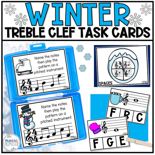 Winter Music Activities - Music Task Cards - Treble Clef Worksheet & Stations
