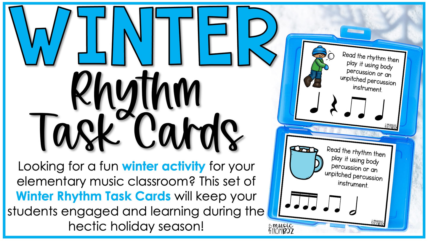 Winter Music Task Cards - Music Rhythm Worksheet - January Music Lesson