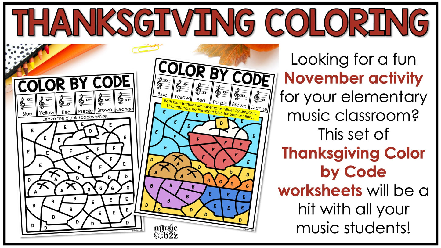 Thanksgiving Music Coloring Color by Note Turkey Music Worksheets Treble Clef