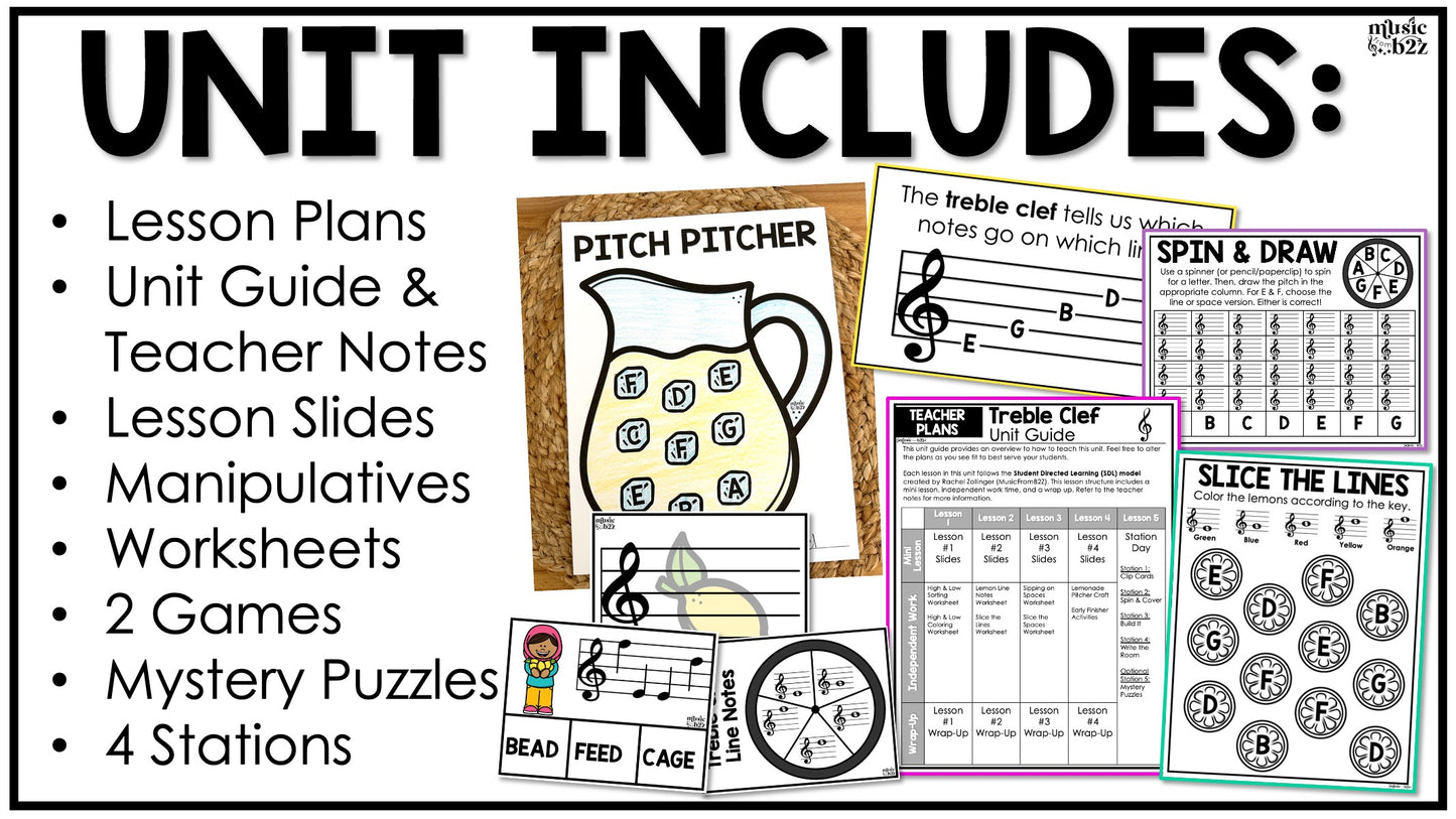 Treble Clef Unit Elementary Music Curriculum Lesson Activity Worksheets Games