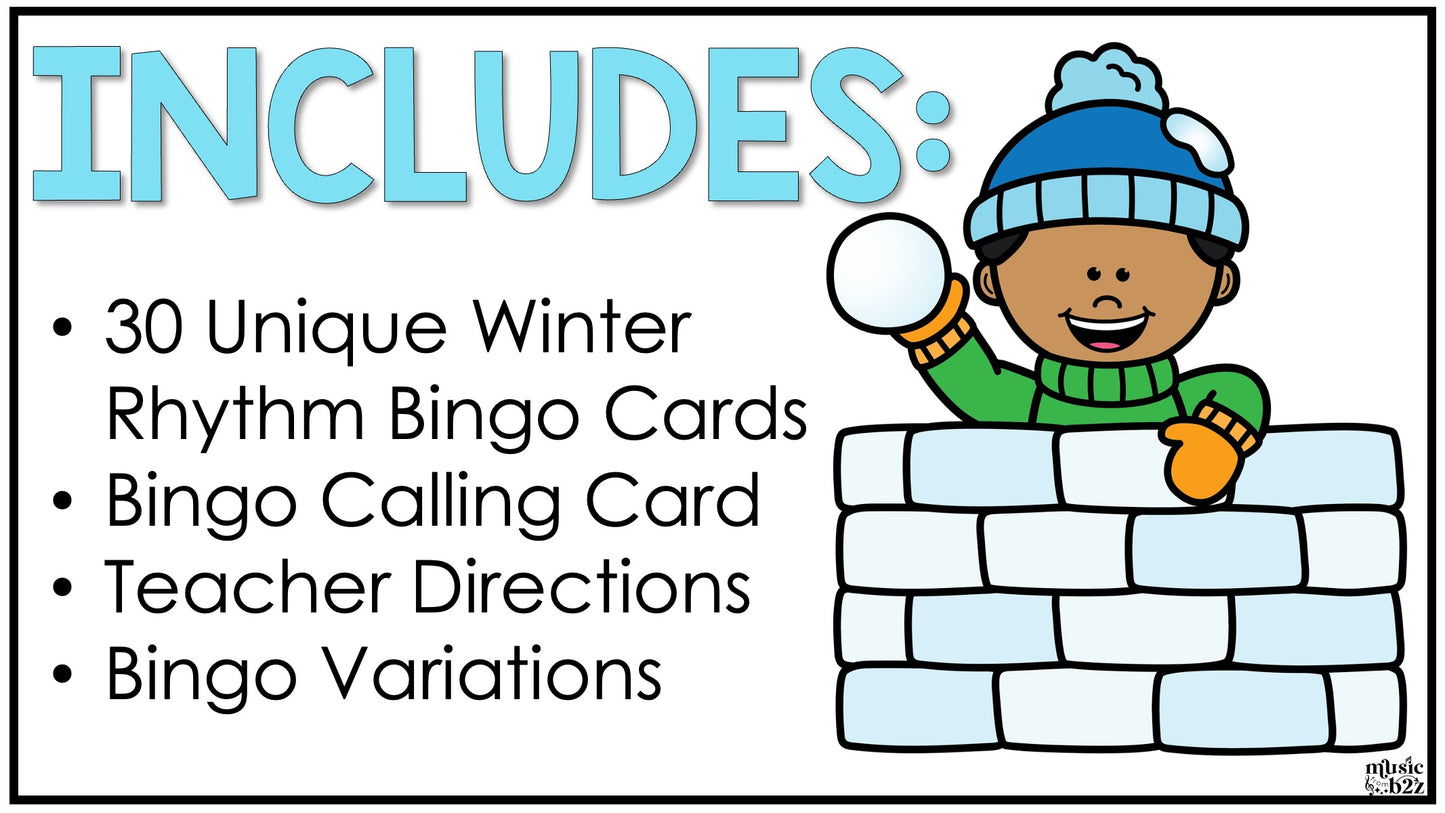 Winter Music Bingo Game Activities for Quarter & Eighth Notes Centers Sub Plans