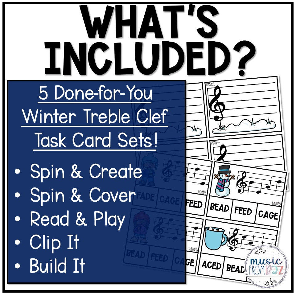 Winter Music Activities - Music Task Cards - Treble Clef Worksheet & Stations