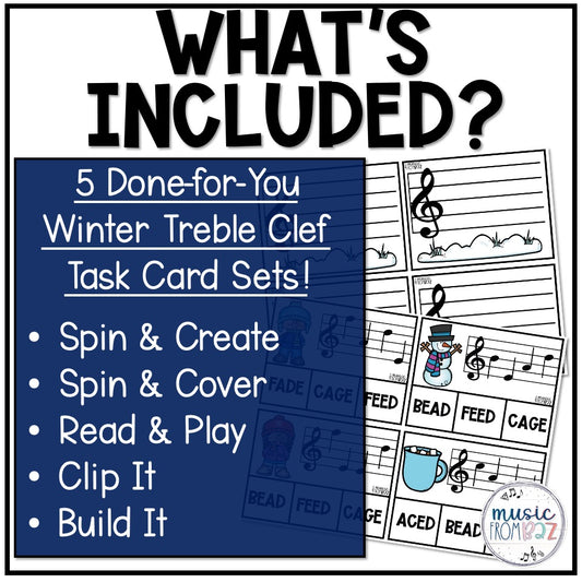Winter Music Activities - Music Task Cards - Treble Clef Worksheet & Stations