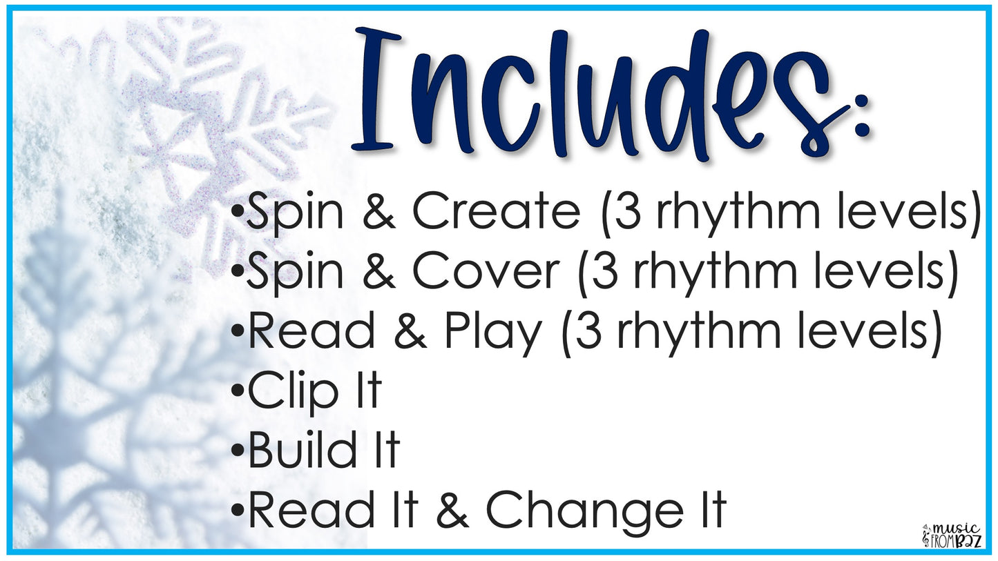 Winter Music Task Cards - Music Rhythm Worksheet - January Music Lesson