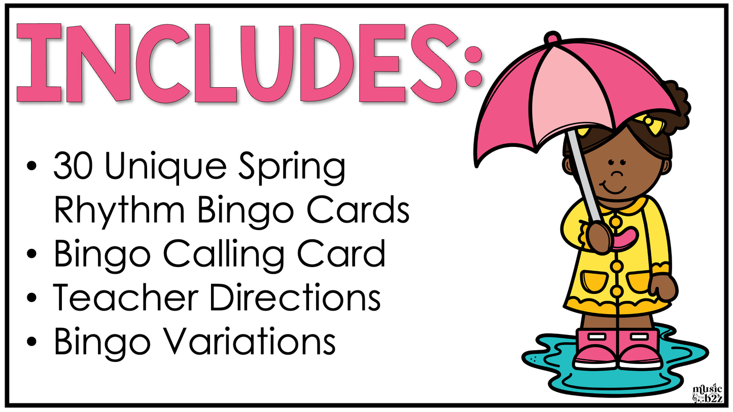 Spring Music Bingo Game Activities for Quarter & Eighth Notes Centers Rhythm