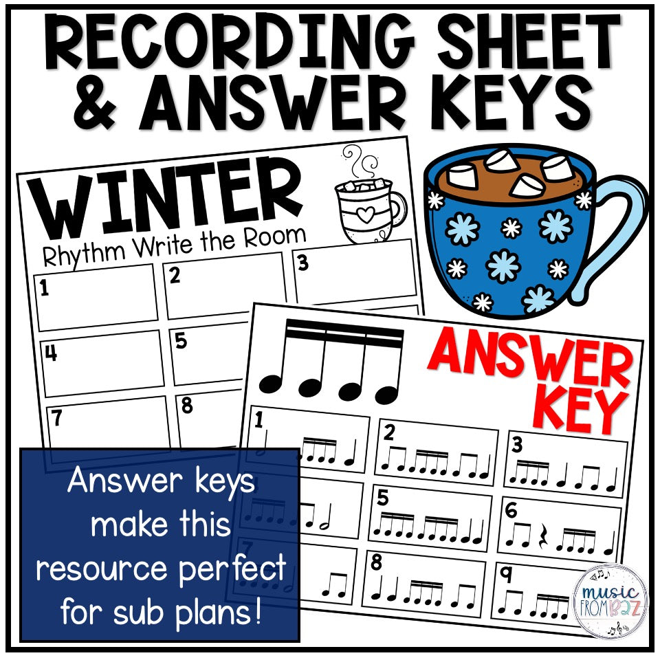 Winter Music Activities - Write the Room - Music Rhythm Worksheet - Music Lesson