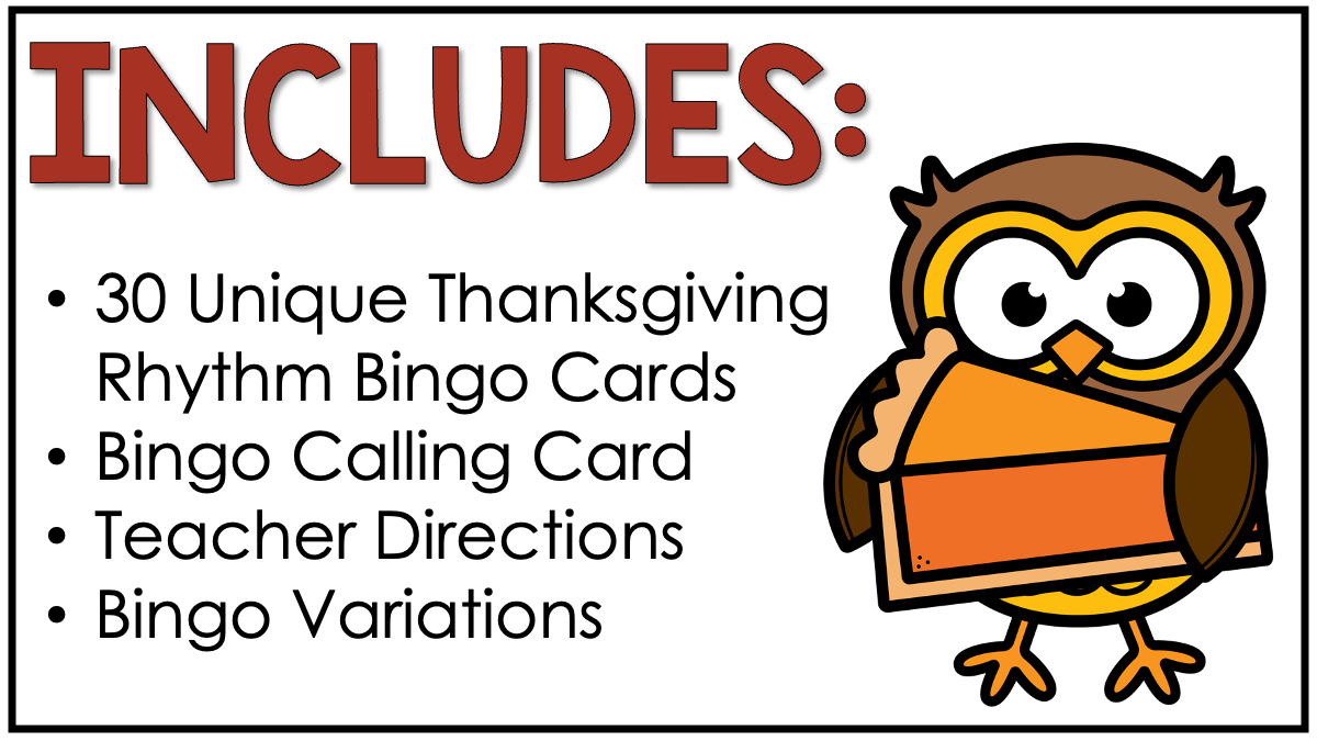 Thanksgiving Music Bingo Game Activities for Quarter & Eighth Notes Centers