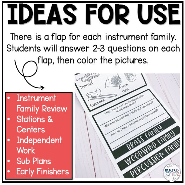 Musical Instrument Families of the Orchestra Review - Music Flipbook Activity