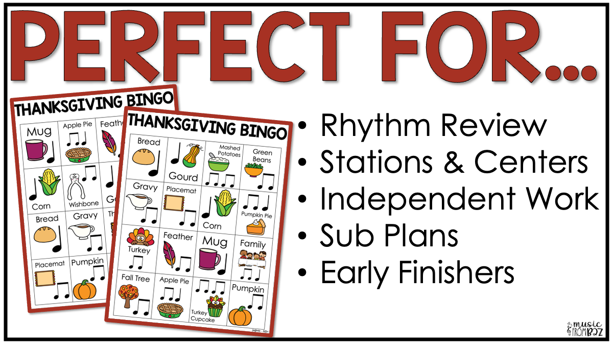 Thanksgiving Music Bingo Game Activities for Quarter & Eighth Notes Centers