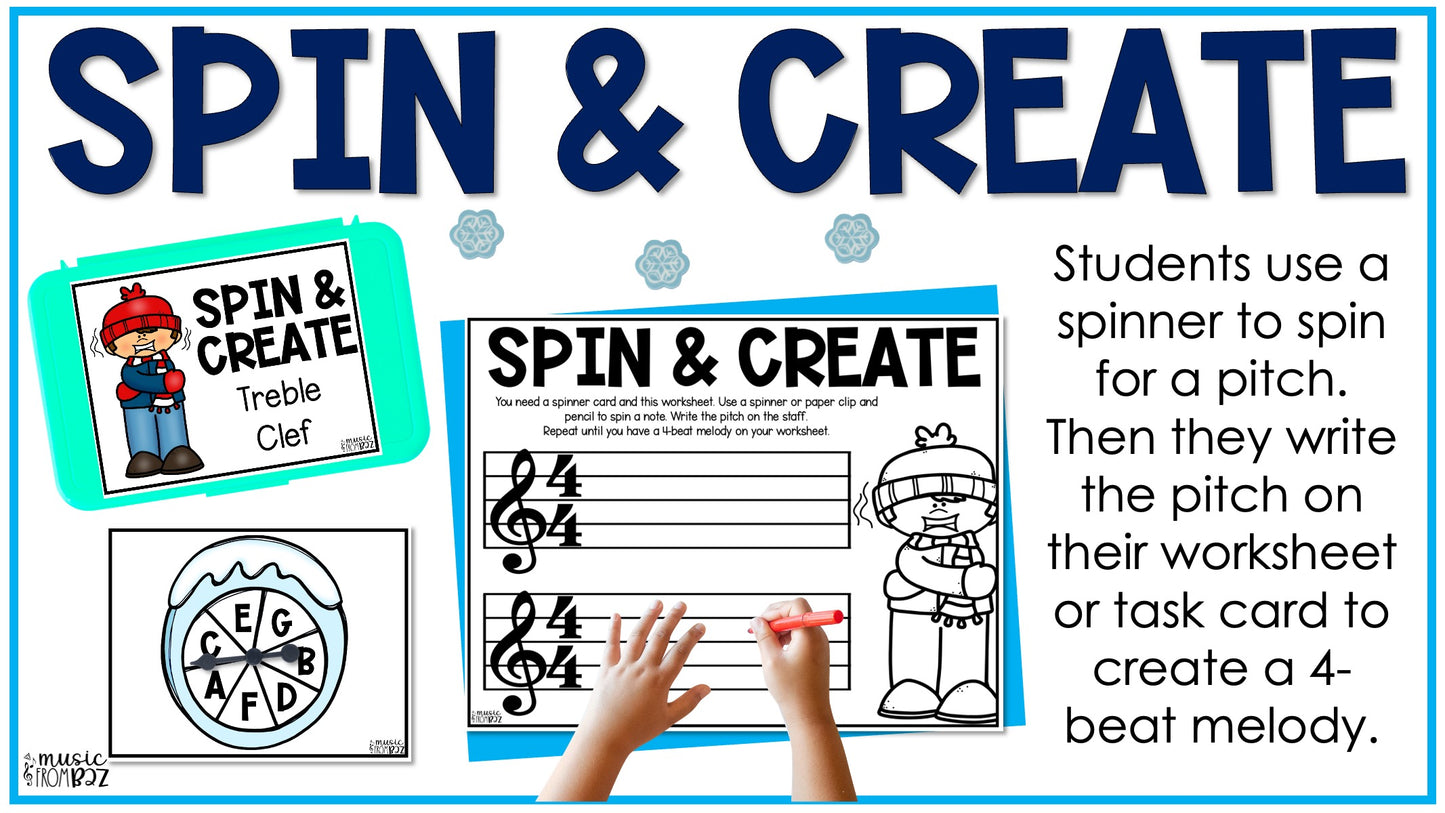 Winter Music Activities - Music Task Cards - Treble Clef Worksheet & Stations