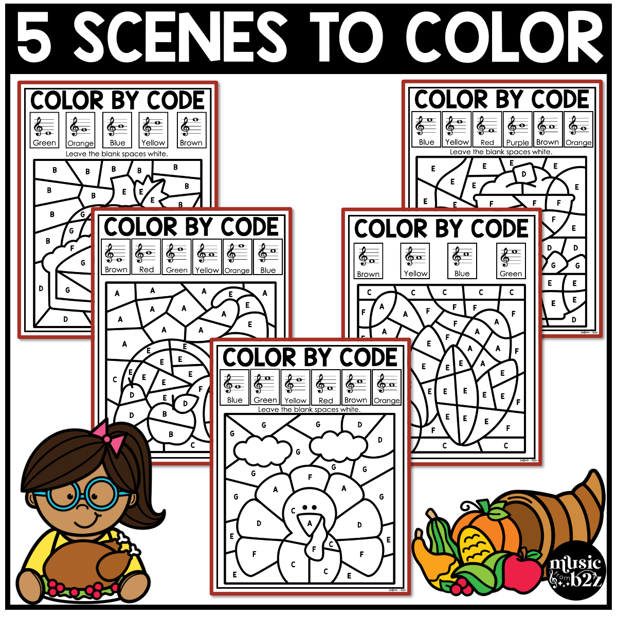 Thanksgiving Music Coloring Color by Note Turkey Music Worksheets Treble Clef