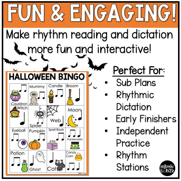 Halloween Music Bingo Game Activities for Quarter & Eighth Notes Centers