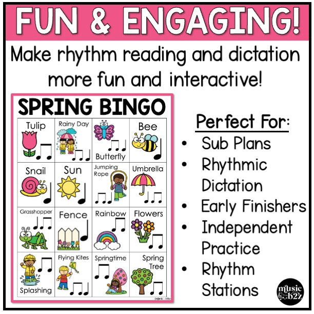 Spring Music Bingo Game Activities for Quarter & Eighth Notes Centers Rhythm