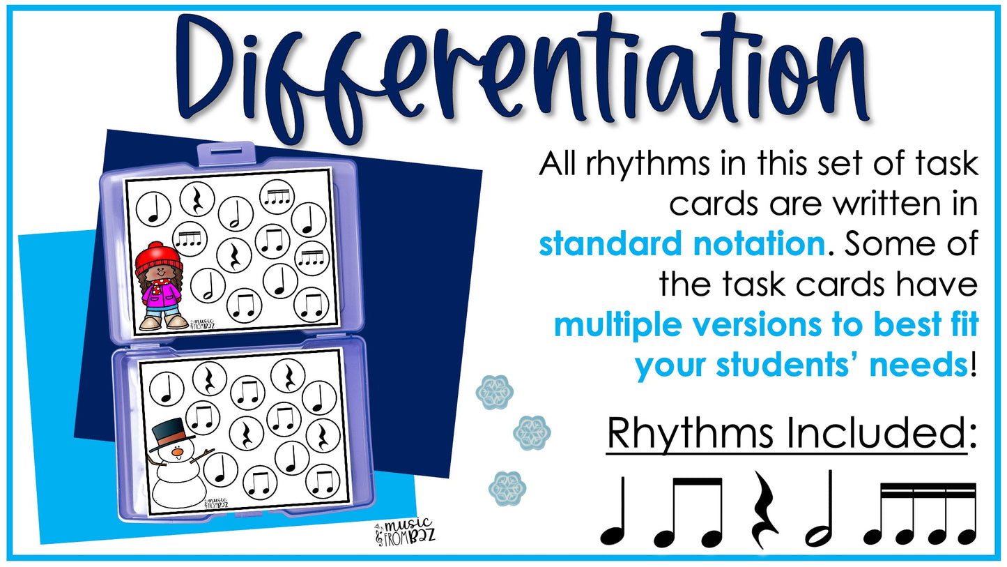 Winter Music Task Cards - Music Rhythm Worksheet - January Music Lesson