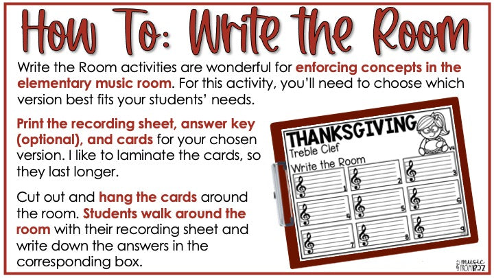 Thanksgiving Treble Clef Notes Music Write the Room Game & Turkey Scavenger Hunt