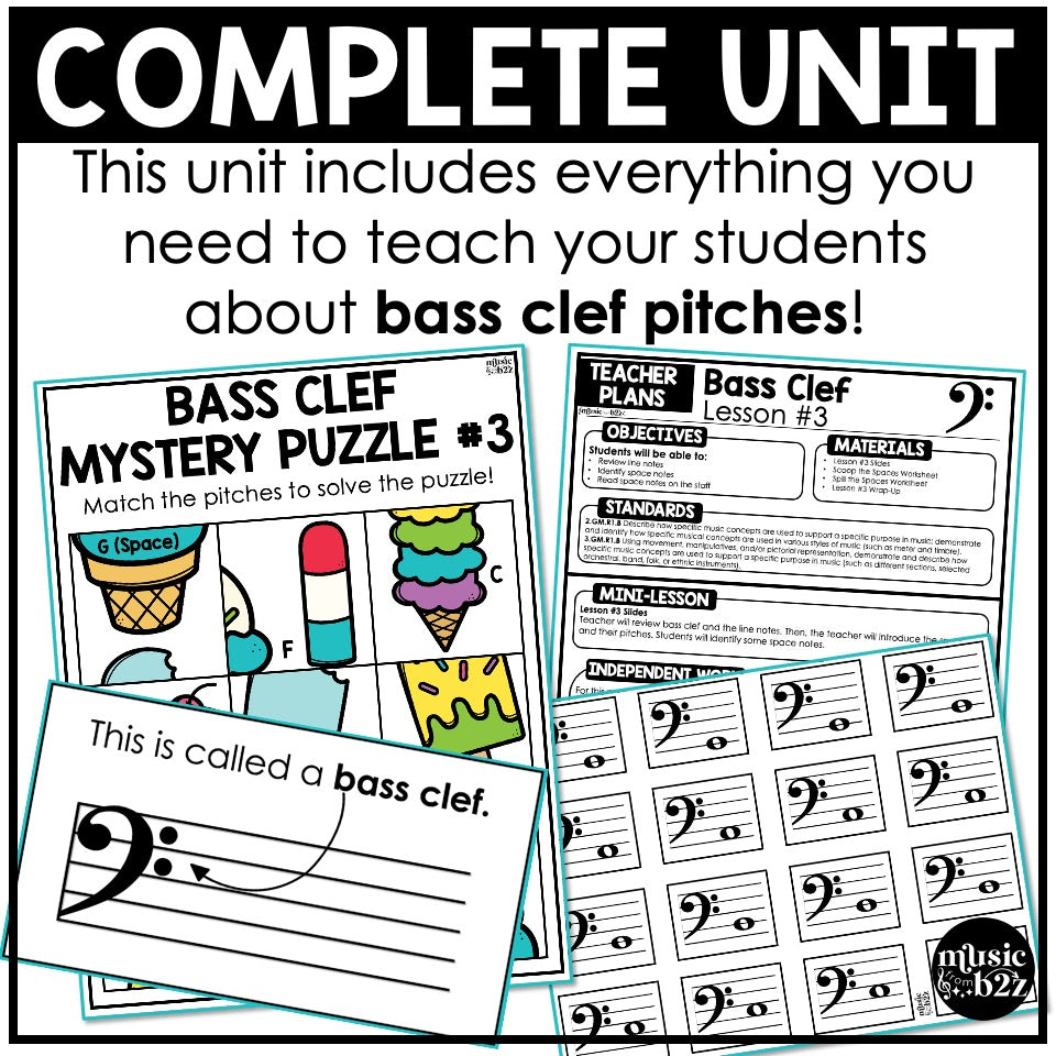 Bass Clef Unit Elementary Music Curriculum Lesson Activity Worksheets Games