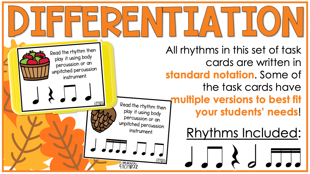 Fall Rhythm Task Cards Elementary Music Centers Lessons & Activities for Autumn