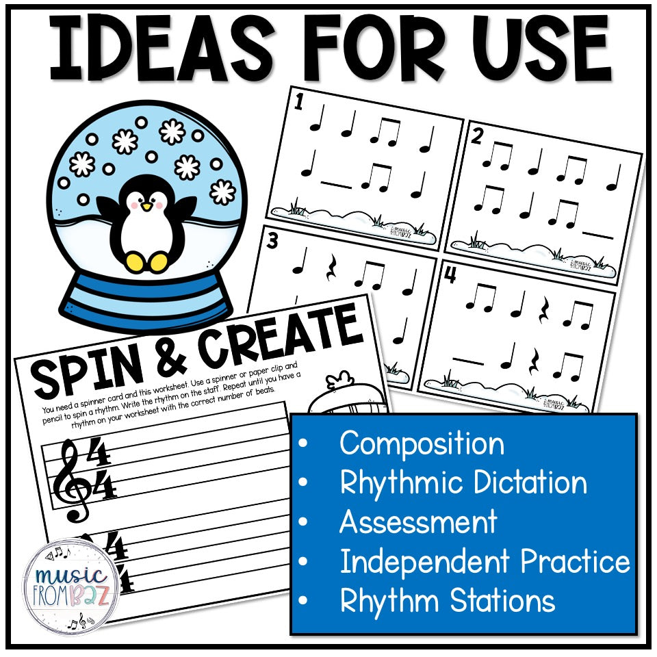 Winter Music Task Cards - Music Rhythm Worksheet - January Music Lesson