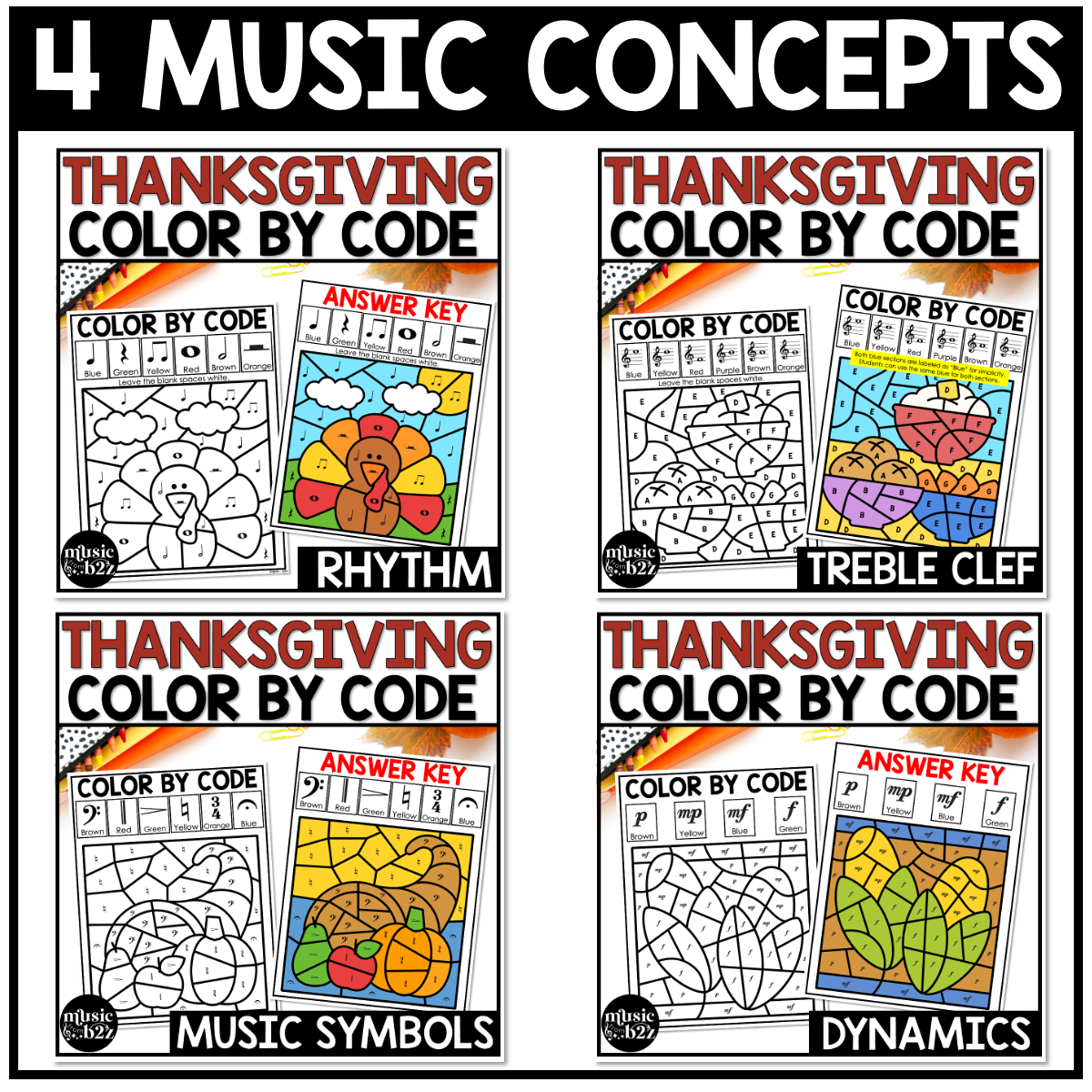 Thanksgiving Music Coloring BUNDLE Color by Note Thanksgiving Music Worksheets