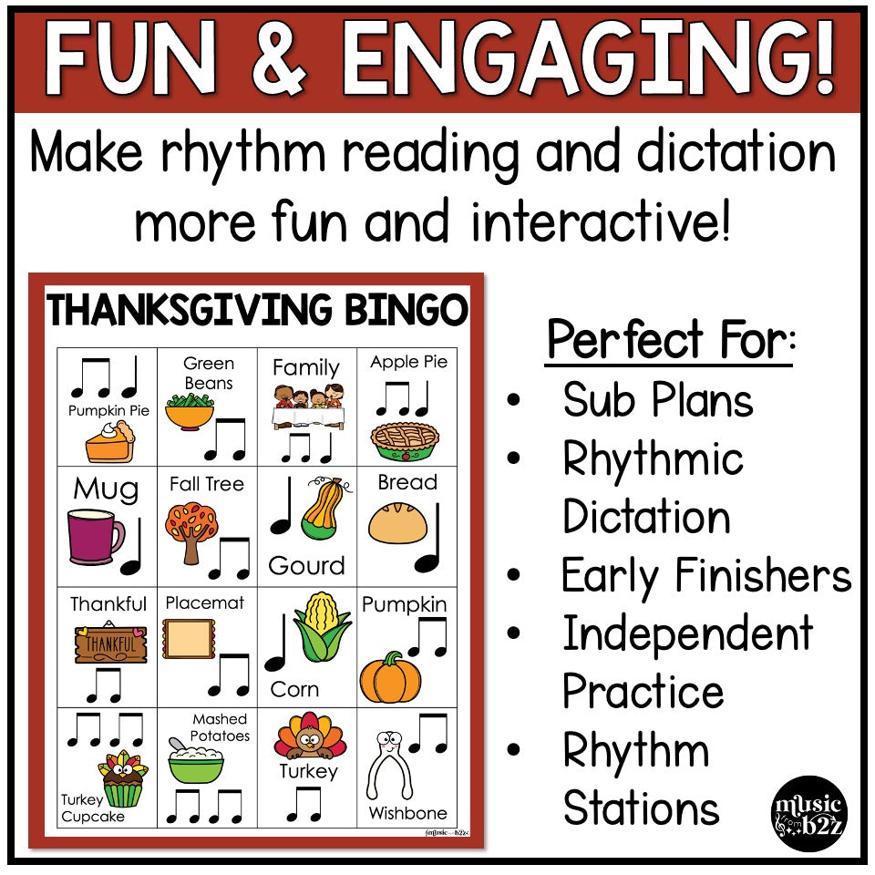 Thanksgiving Music Bingo Game Activities for Quarter & Eighth Notes Centers