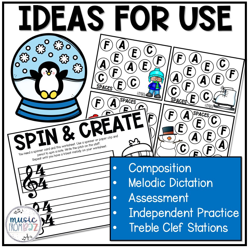 Winter Music Activities - Music Task Cards - Treble Clef Worksheet & Stations
