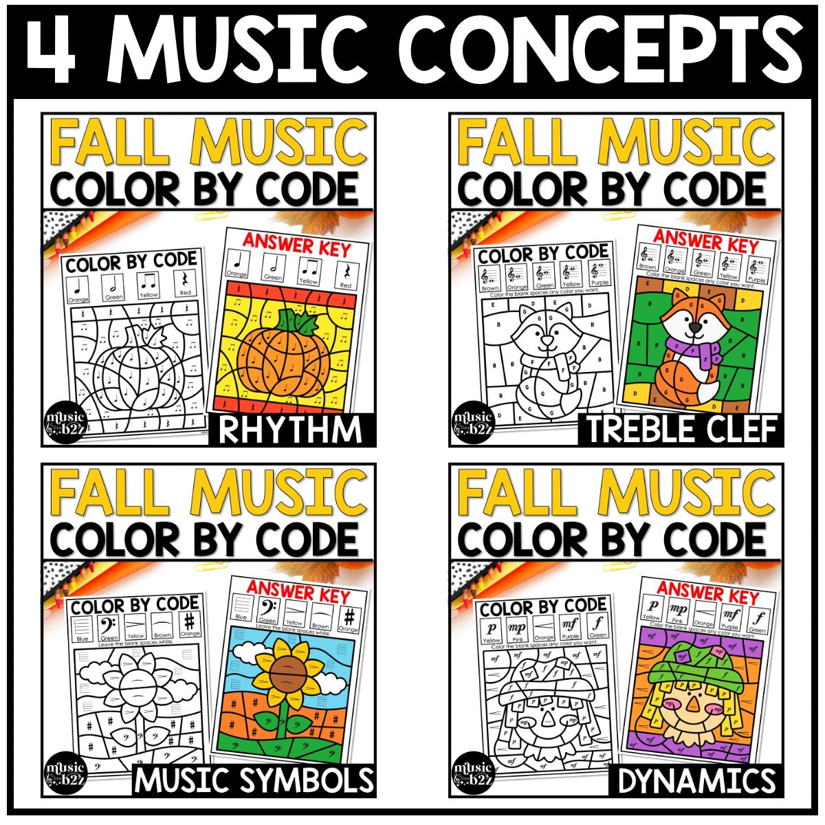 Fall Music Coloring BUNDLE Color by Note Fall Music Worksheets Color by Rhythm