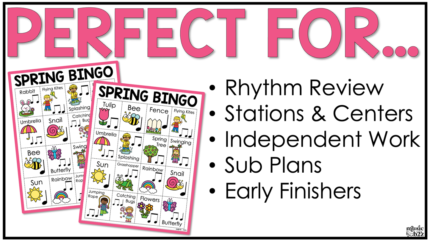 Spring Music Bingo Game Activities for Quarter & Eighth Notes Centers Rhythm