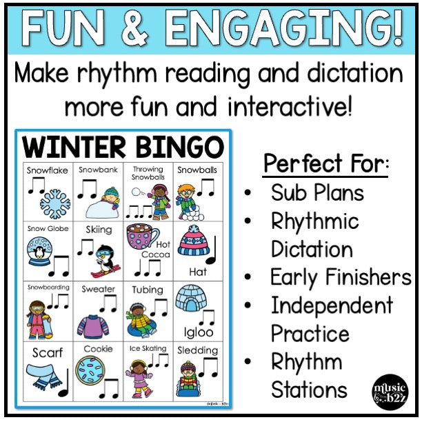 Winter Music Bingo Game Activities for Quarter & Eighth Notes Centers Sub Plans